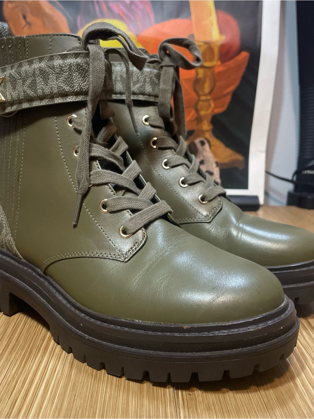 MICHAEL KORS Olive Green MK Monogram Lug Sole Combat Boots Size 6.5M